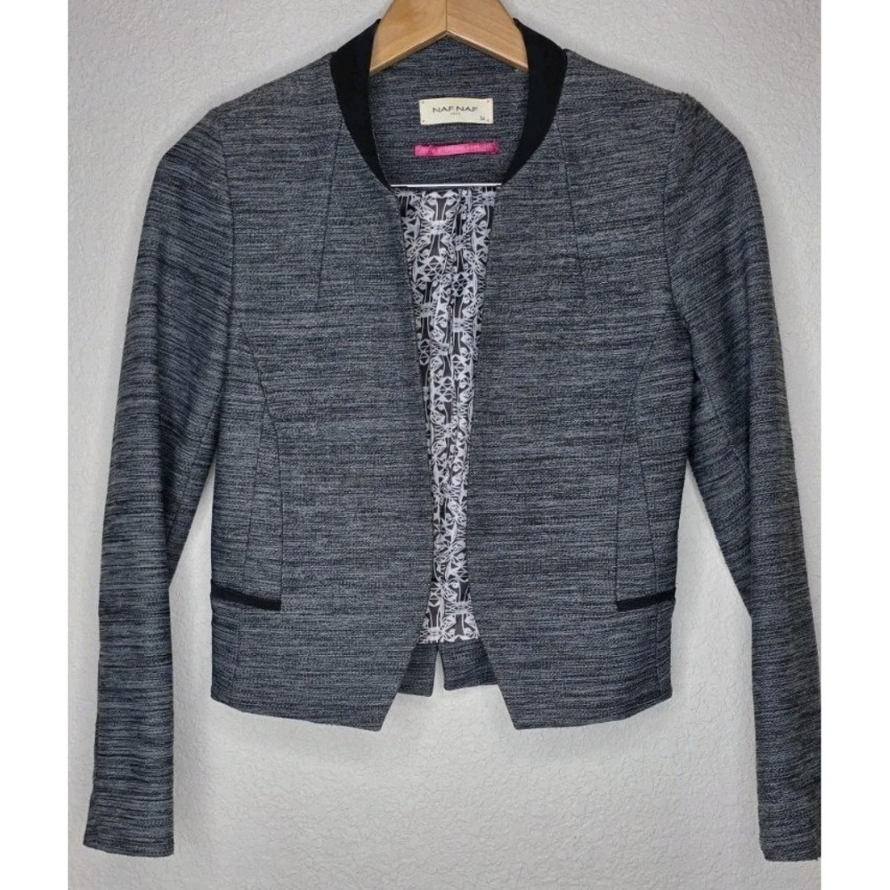 Naf Naf Paris Blazer Jacket Open Front Women 34/2 Gray Long Sleeve Career Office